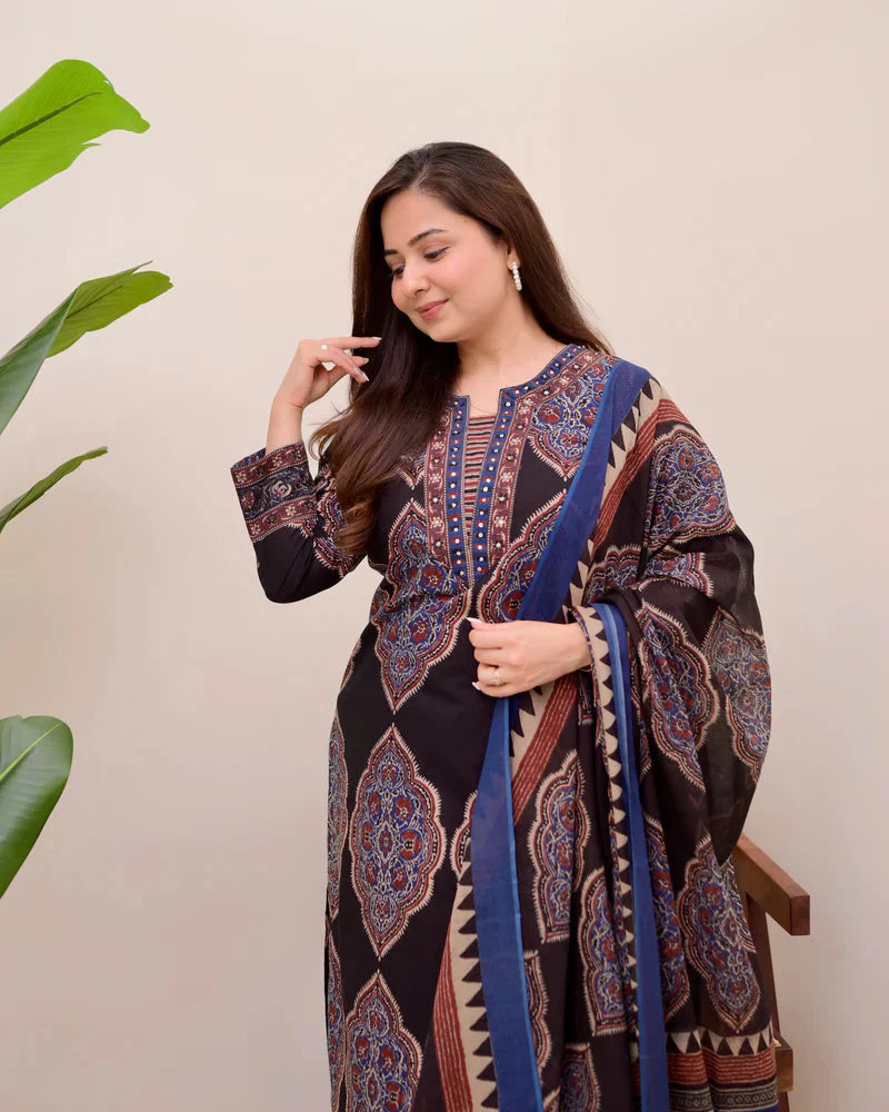 Black Ajrak Printed Cotton Suit