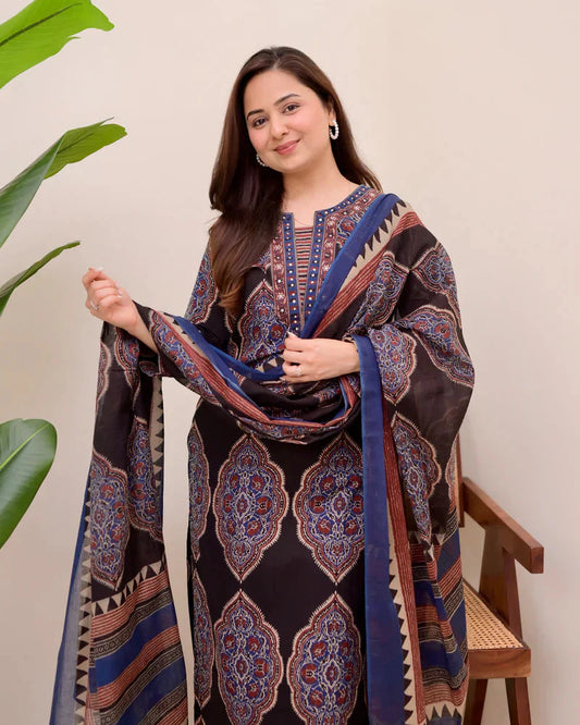 Black Ajrak Printed Cotton Suit