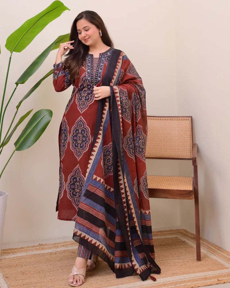 Maroon Ajrak Printed Cotton Suit