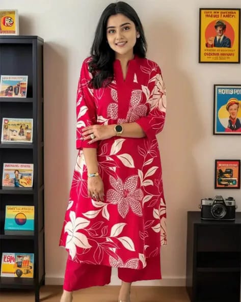 Red Floral Printed Cotton Kurta and Pant Set