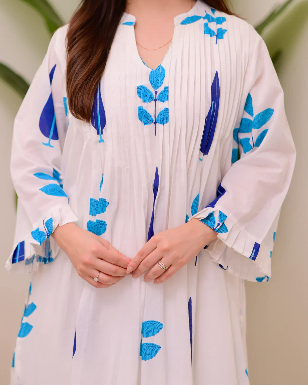 White Blue Handblock Printed Premium Mul Cotton Kurta Set