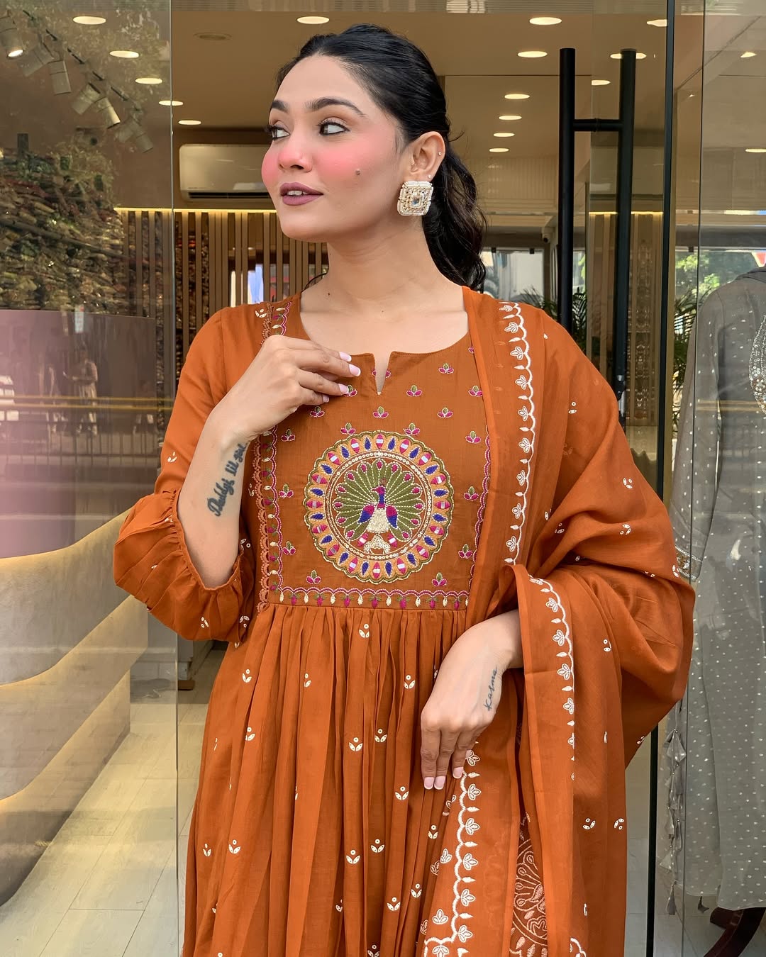 Rust Orange Embroidered Anarkali Kurta Set with Dupatta