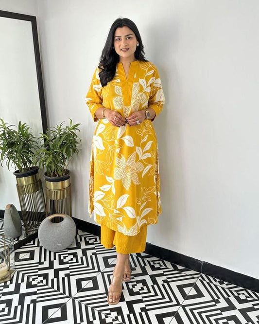 Yellow Floral Kurti Pant Set