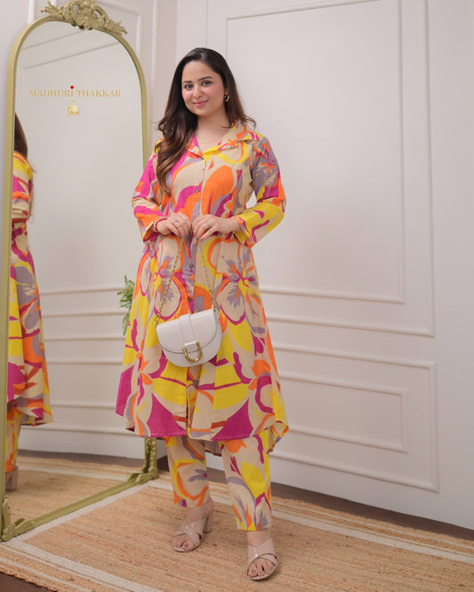 Ivory Orange Abstract kurti Set