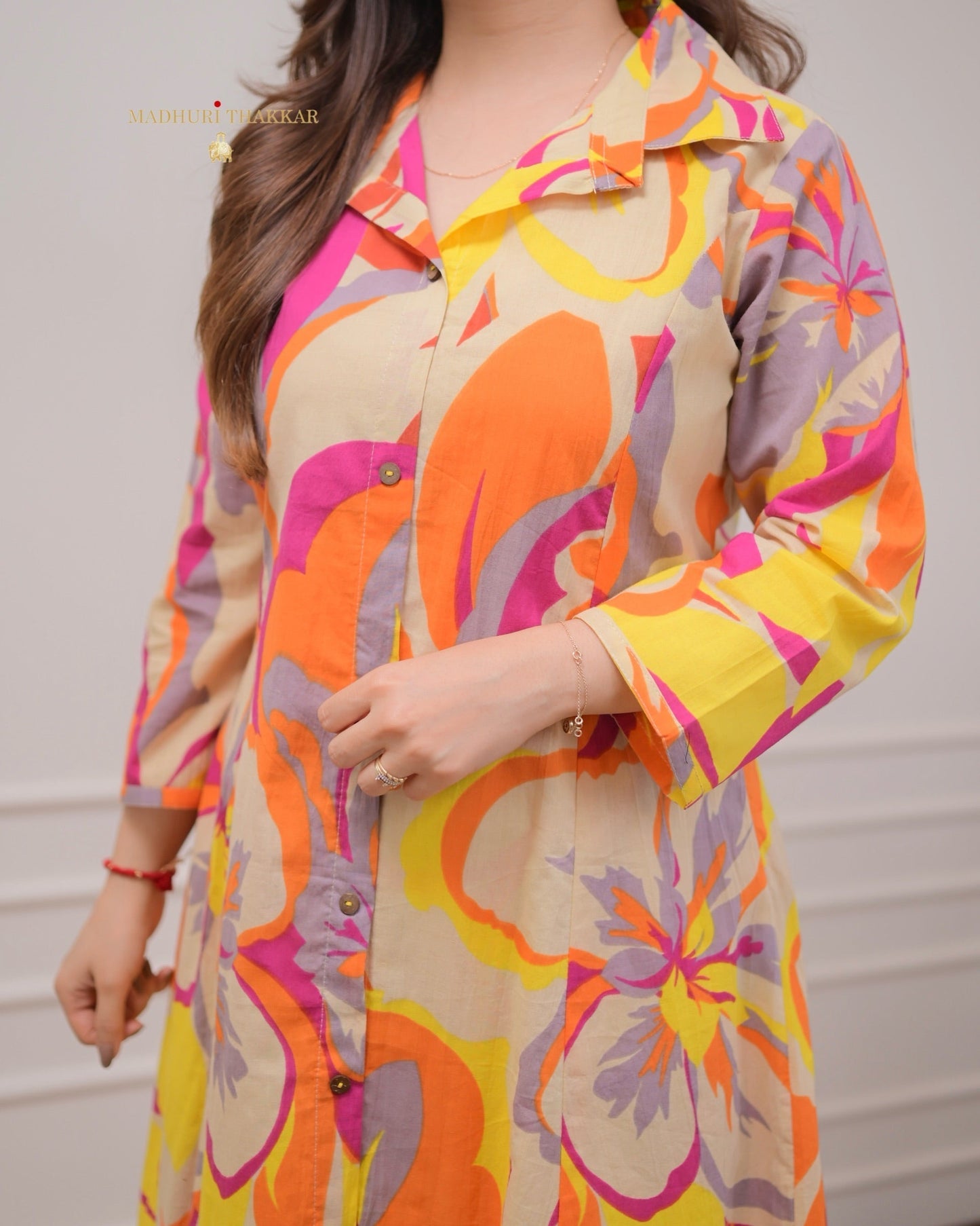 Ivory Orange Abstract kurti Set