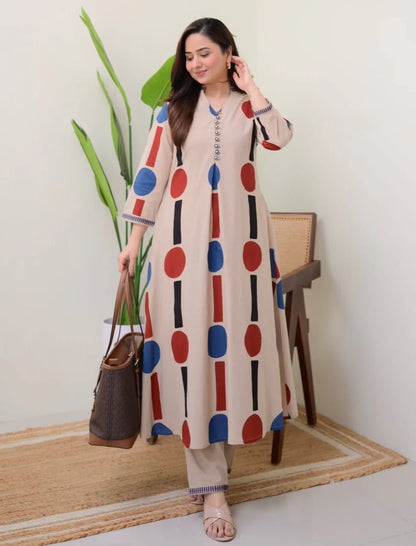 Cream Geometric A Line Premium Cotton Kurta Set