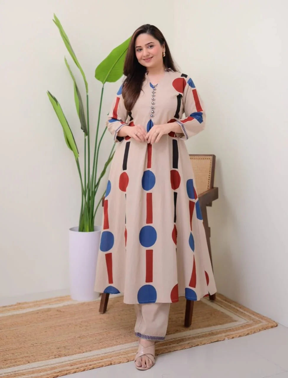 Cream Geometric A Line Premium Cotton Kurta Set