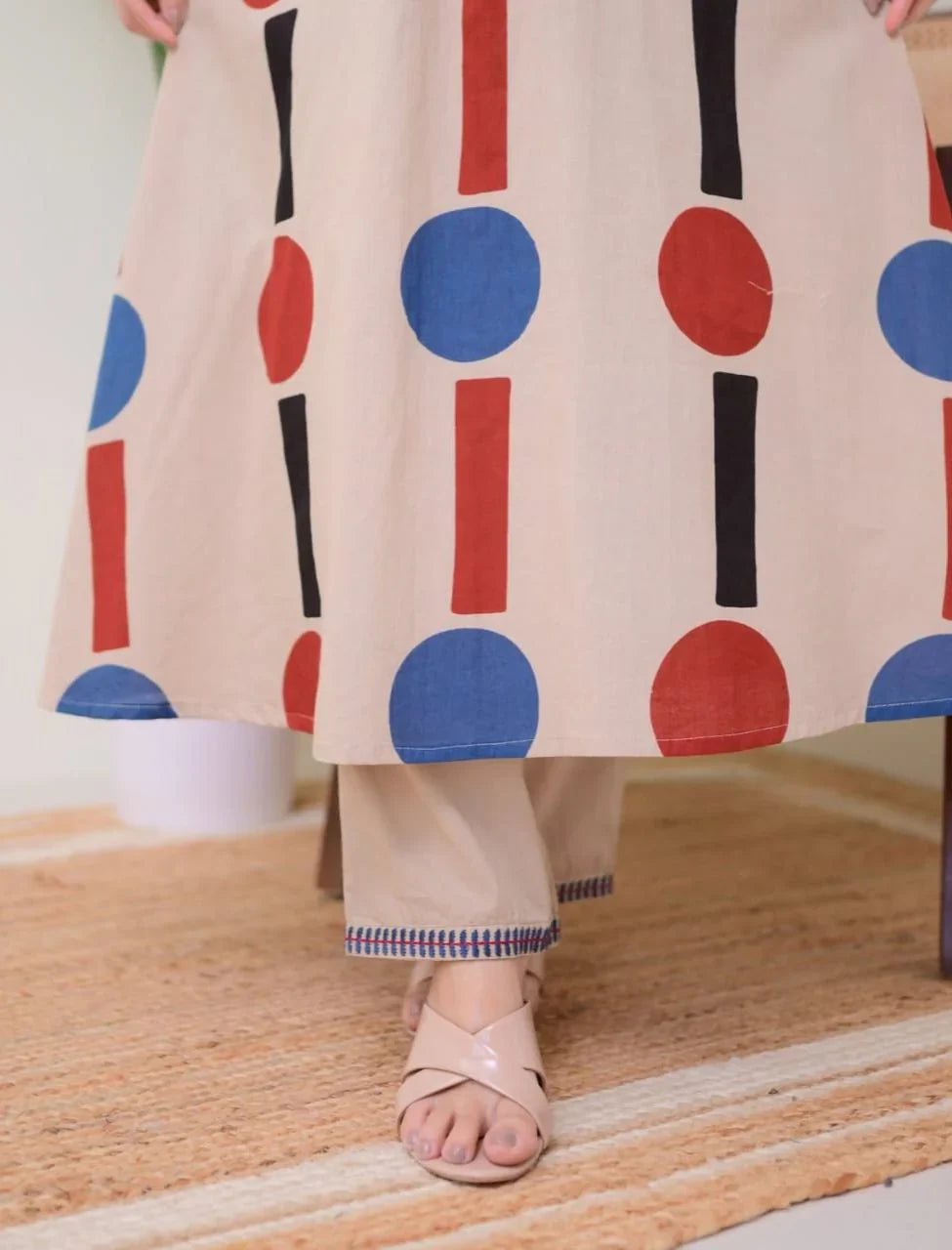 Cream Geometric A Line Premium Cotton Kurta Set