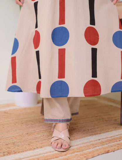 Cream Geometric A Line Premium Cotton Kurta Set