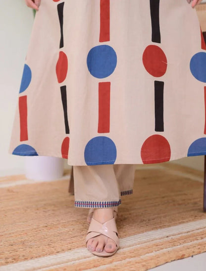 Cream Geometric A Line Premium Cotton Kurta Set