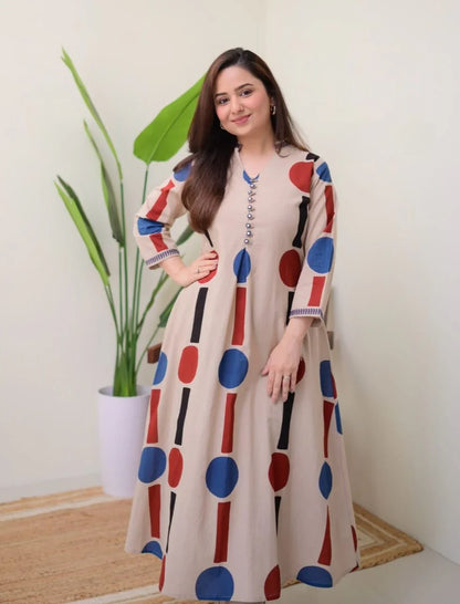 Cream Geometric A Line Premium Cotton Kurta Set