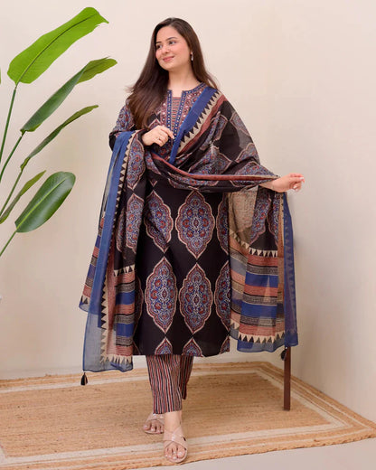Black Ajrak Printed Cotton Suit