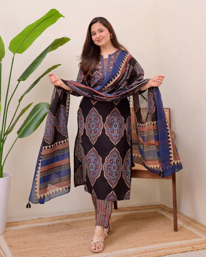 Black Ajrak Printed Cotton Suit