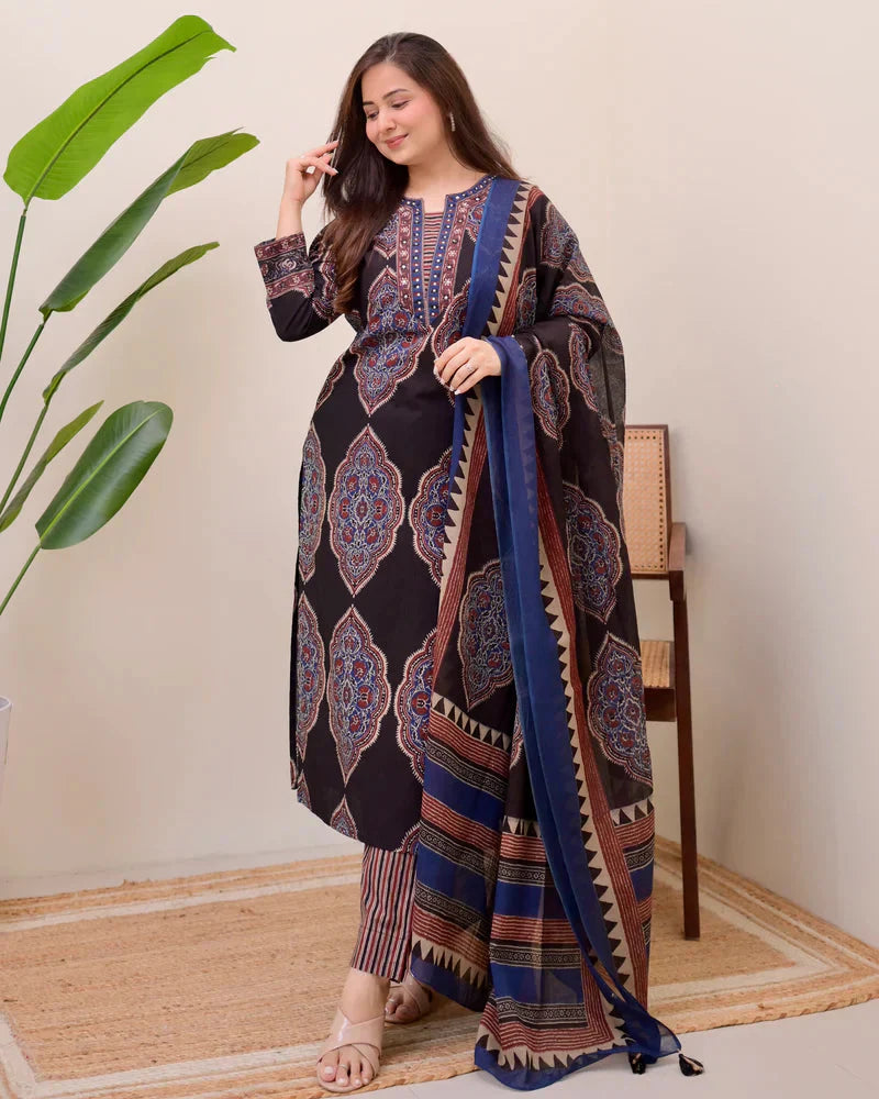 Black Ajrak Printed Cotton Suit