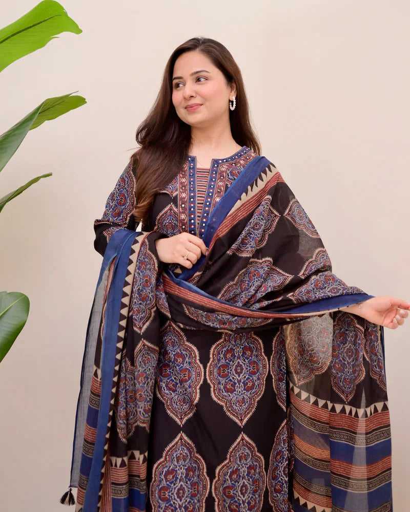 Black Ajrak Printed Cotton Suit