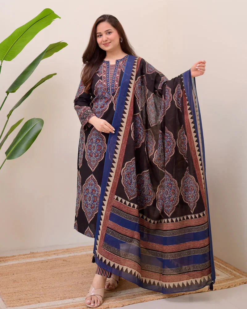 Black Ajrak Printed Cotton Suit