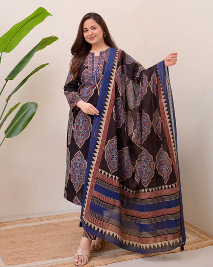 Black Ajrak Printed Cotton Suit