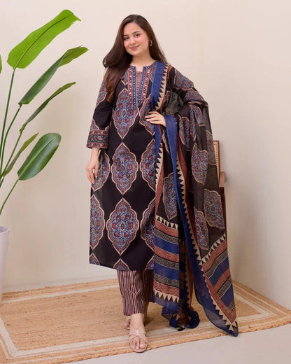 Black Ajrak Printed Cotton Suit