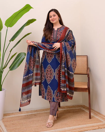 Blue Ajrakh Printed Cotton Suit