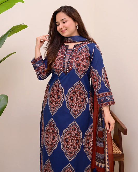 Blue Ajrakh Printed Cotton Suit