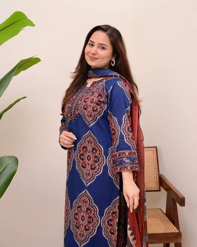 Blue Ajrakh Printed Cotton Suit