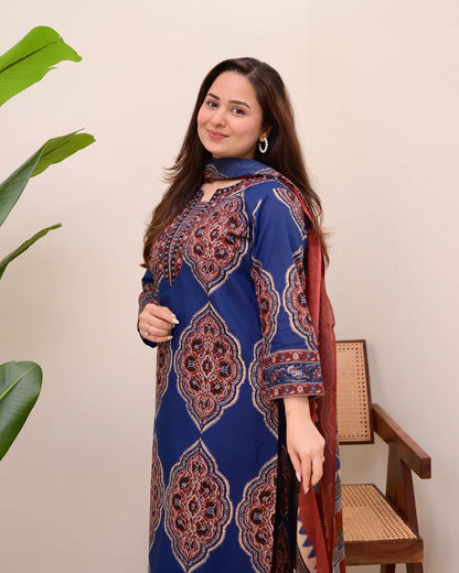 Blue Ajrakh Printed Cotton Suit