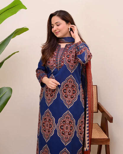 Blue Ajrakh Printed Cotton Suit