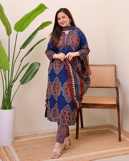 Blue Ajrakh Printed Cotton Suit