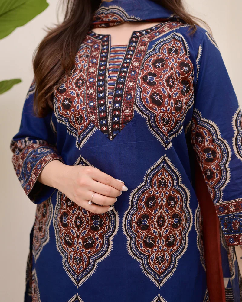 Blue Ajrakh Printed Cotton Suit