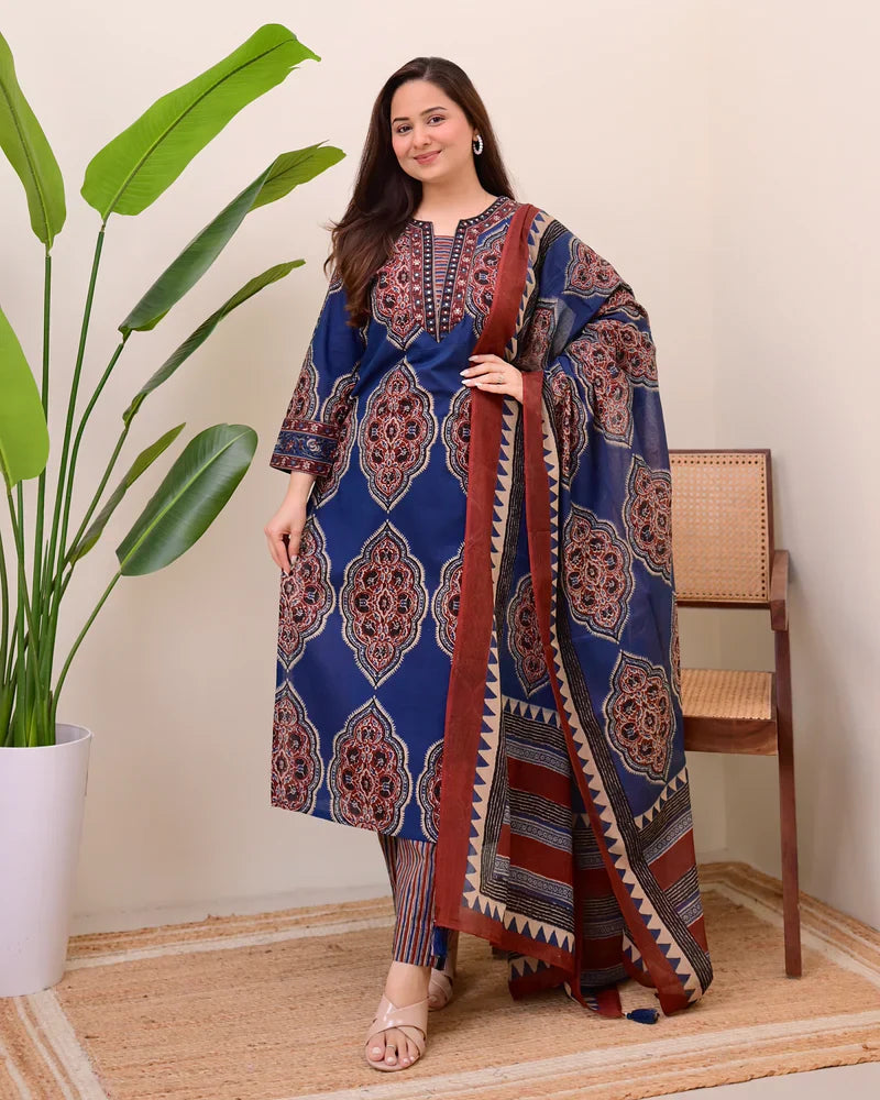 Blue Ajrakh Printed Cotton Suit