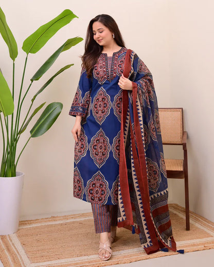 Blue Ajrakh Printed Cotton Suit