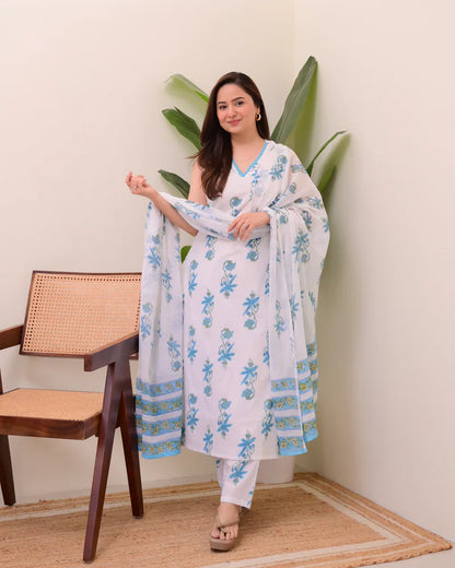Blue White Floral Pure Mul Cotton Suit