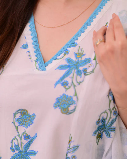 Blue White Floral Pure Mul Cotton Suit