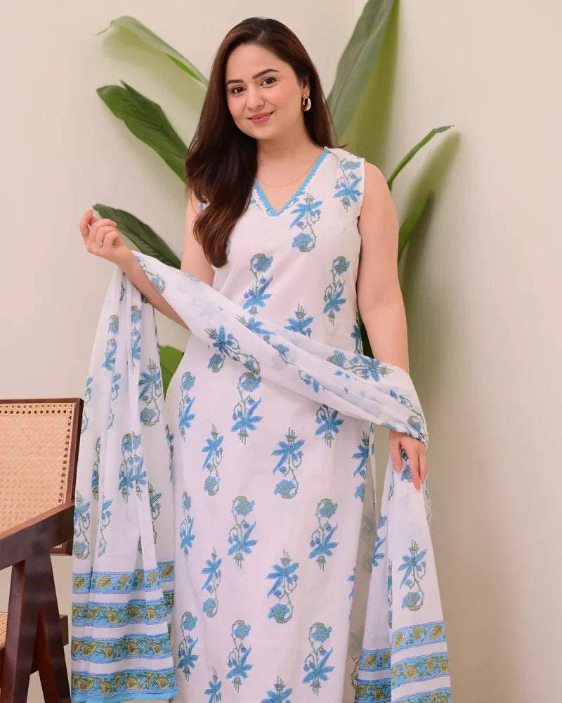 Blue White Floral Pure Mul Cotton Suit