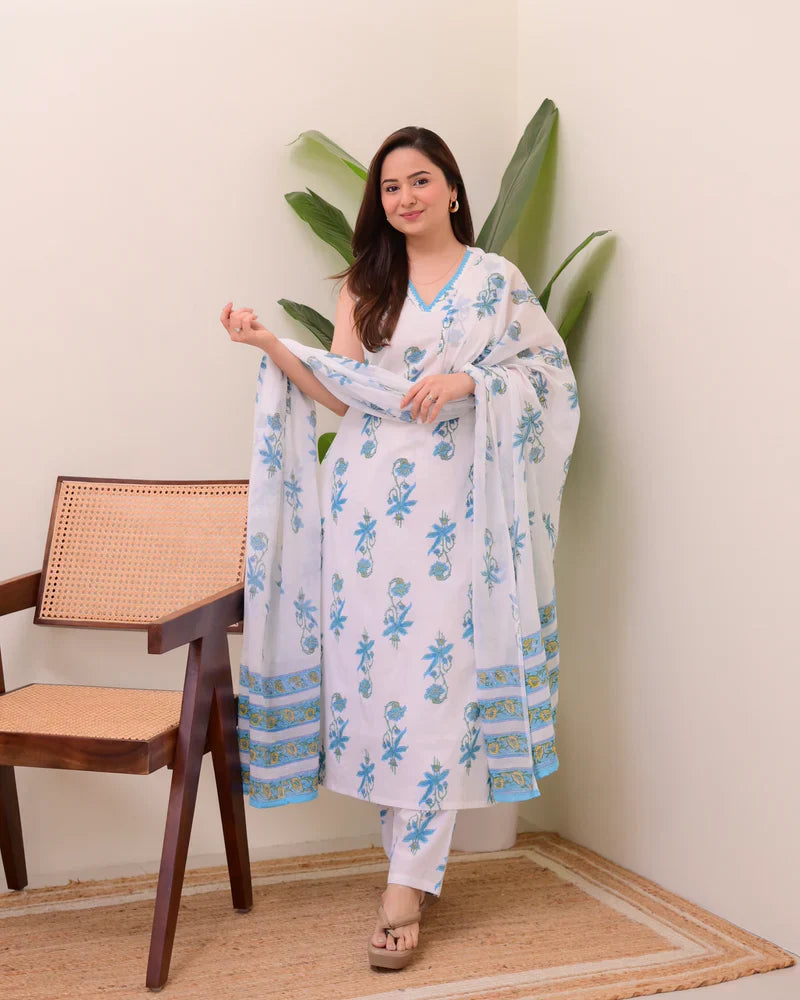 Blue White Floral Pure Mul Cotton Suit