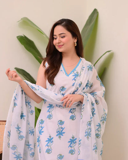 Blue White Floral Pure Mul Cotton Suit