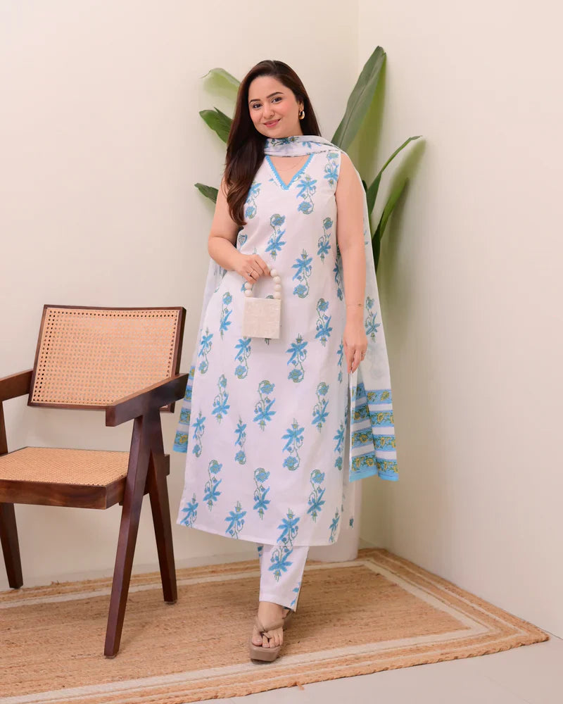 Blue White Floral Pure Mul Cotton Suit
