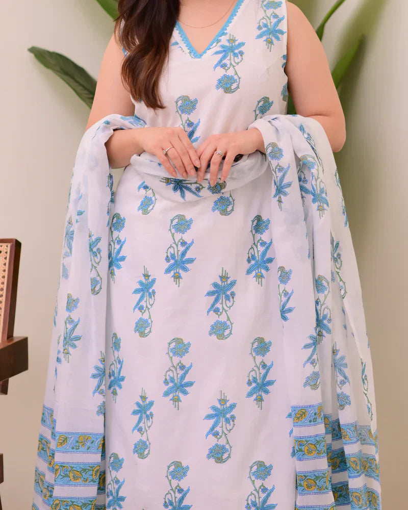 Blue White Floral Pure Mul Cotton Suit
