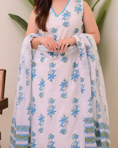 Blue White Floral Pure Mul Cotton Suit