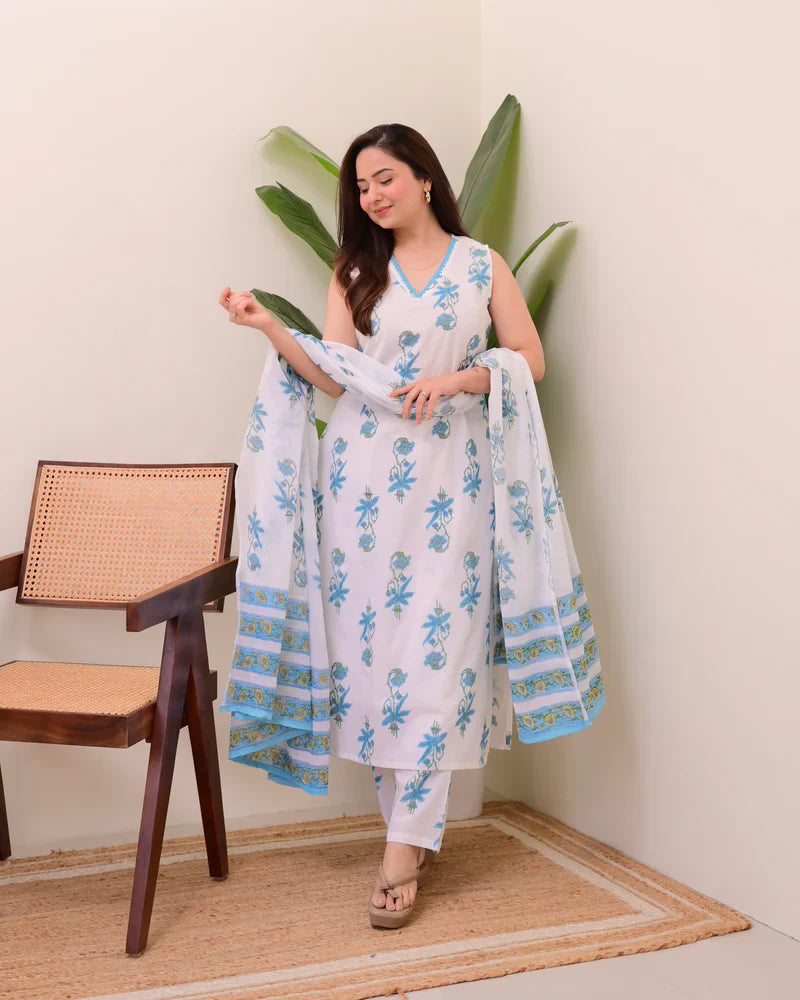 Blue White Floral Pure Mul Cotton Suit