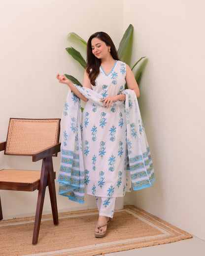 Blue White Floral Pure Mul Cotton Suit
