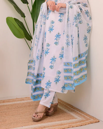 Blue White Floral Pure Mul Cotton Suit