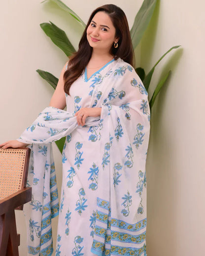 Blue White Floral Pure Mul Cotton Suit