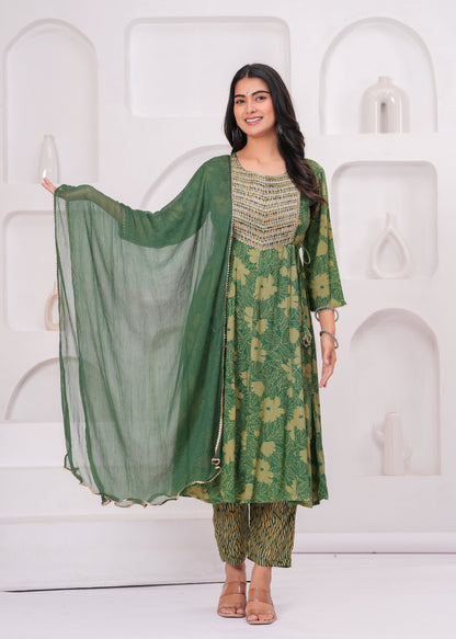 Green Cotton Kurta Pant and Dupatta Set