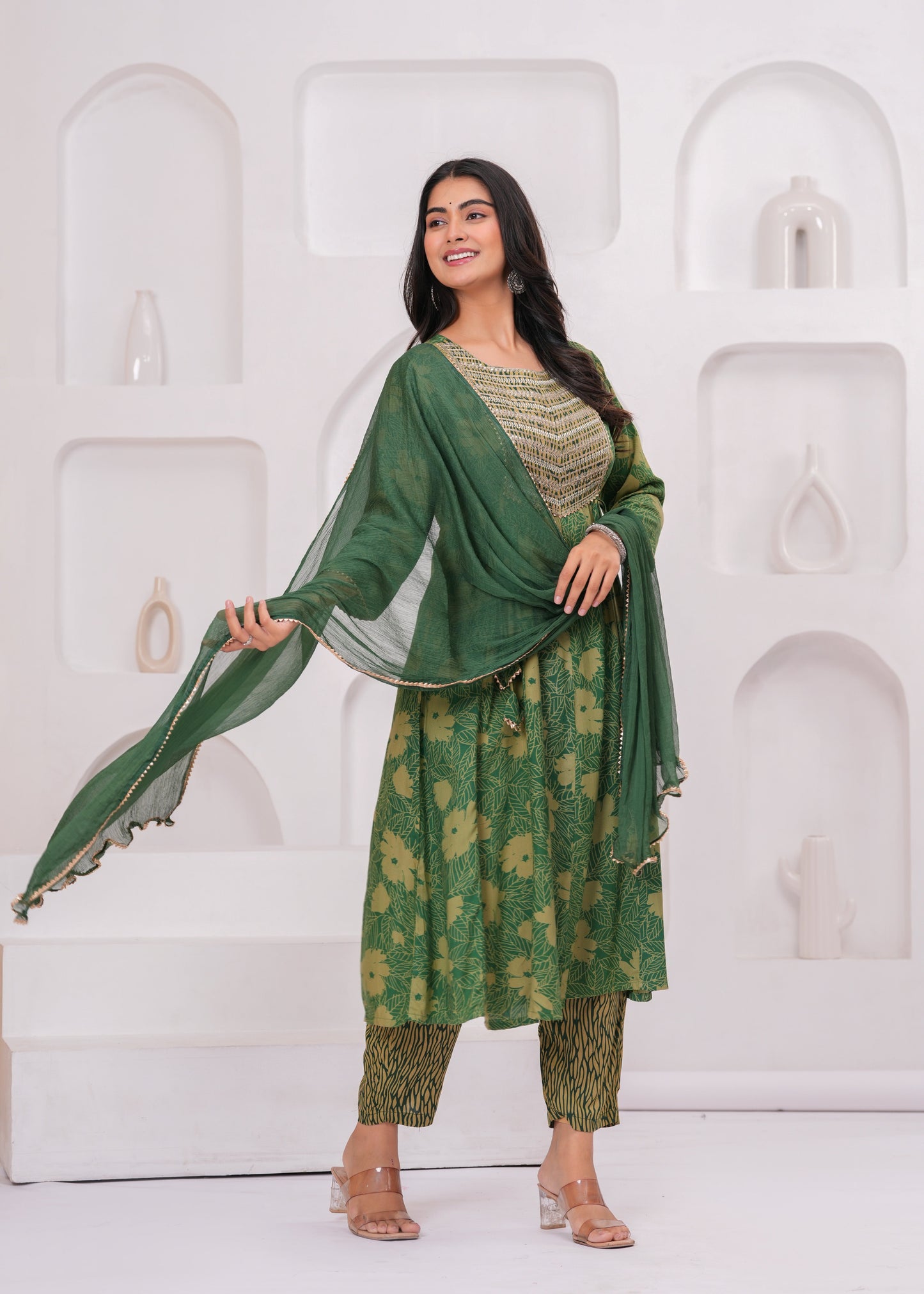 Green Cotton Kurta Pant and Dupatta Set