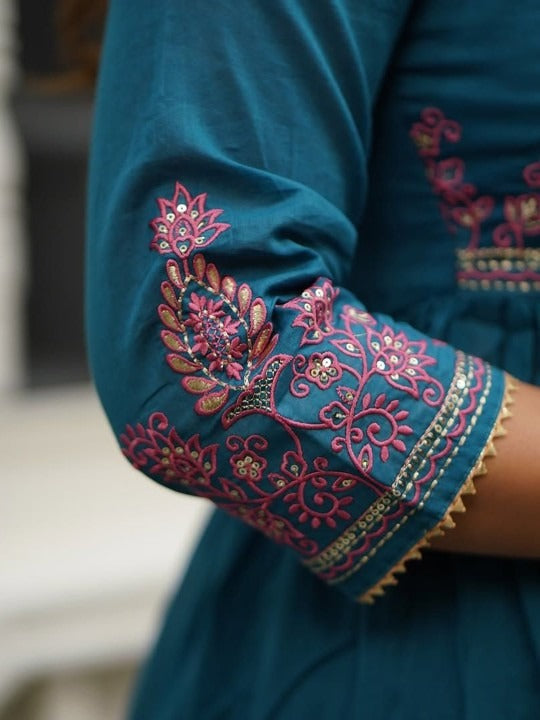 Floral Yoke Design Thread Work Pure Cotton Anarkali Kurta With Trousers & Dupatta