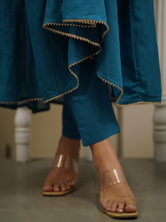 Floral Yoke Design Thread Work Pure Cotton Anarkali Kurta With Trousers & Dupatta