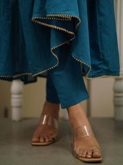 Floral Yoke Design Thread Work Pure Cotton Anarkali Kurta With Trousers & Dupatta