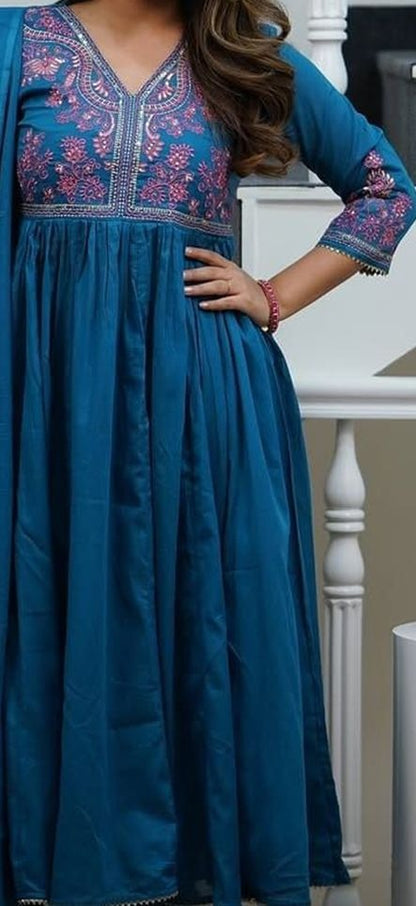 Floral Yoke Design Thread Work Pure Cotton Anarkali Kurta With Trousers & Dupatta