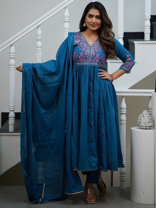 Floral Yoke Design Thread Work Pure Cotton Anarkali Kurta With Trousers & Dupatta